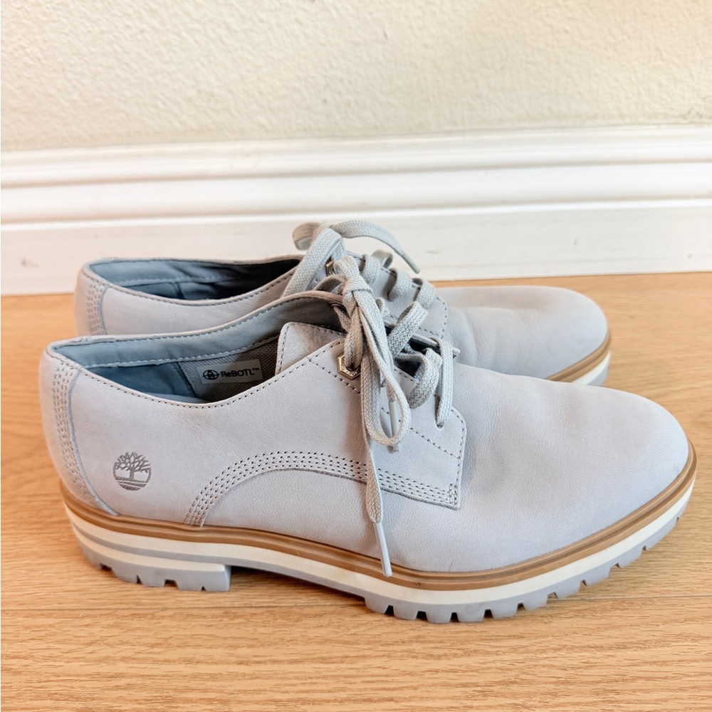 Timberland Gray Leather Oxford Lug Sole Shoes Women’s Size 8.5 Lace Up